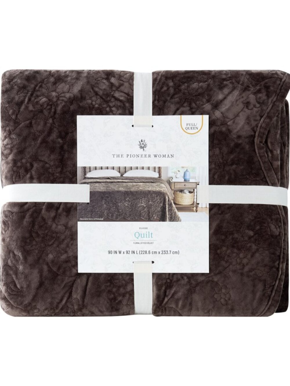 The Pioneer Woman Home Rich Brown Cottage Eloise Floral 100% Poly Velvet Quilt - Picture 9 of 9